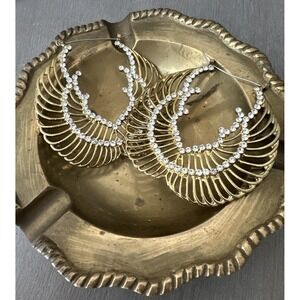 Vintage Large Gold/Brass Tone Rhinestone Statement Hoop Earrings Boho Glam Wings